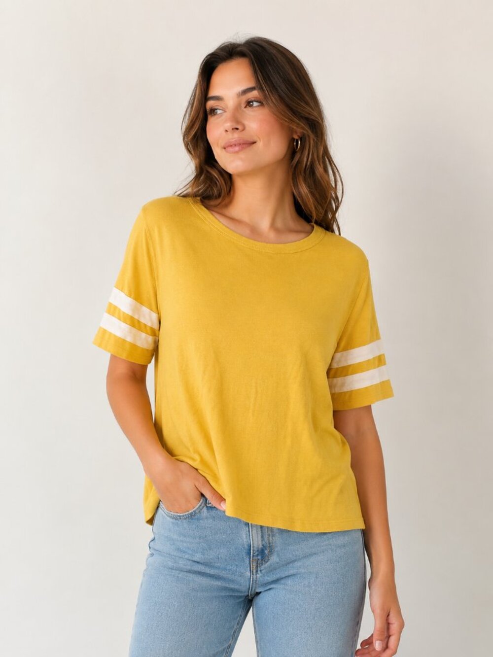 Rhapsody Mustard Yellow Short Sleeve Tee with White Sleeve Stripes